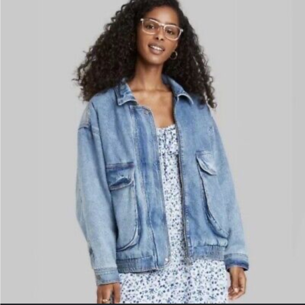SOLD Wild Fable Sherpa-lined Oversized Denim Bomber Jacket Size Large - Picture 2 of 10